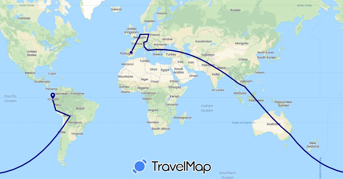 TravelMap itinerary: driving in Australia, Belgium, Bolivia, Switzerland, Germany, Ecuador, Spain, France, India, Italy, Cambodia, Netherlands, Peru, Thailand, Vietnam (Asia, Europe, Oceania, South America)